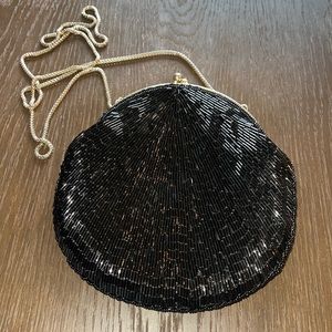Vintage Black Beaded Evening Bag Purse Gold Metal Chain Clasp Formal Glam